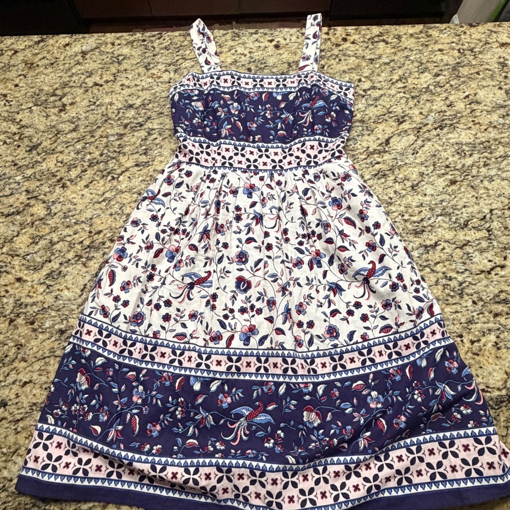 Eliza J Floral Linen Blend Fit Flare Midi Dress Navy Pink White 4 Pockets ws